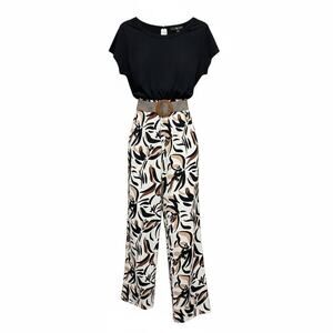 Black Short Sleeve High-Waisted Jumpsuit Wide Leg Abstract Floral Fred David L